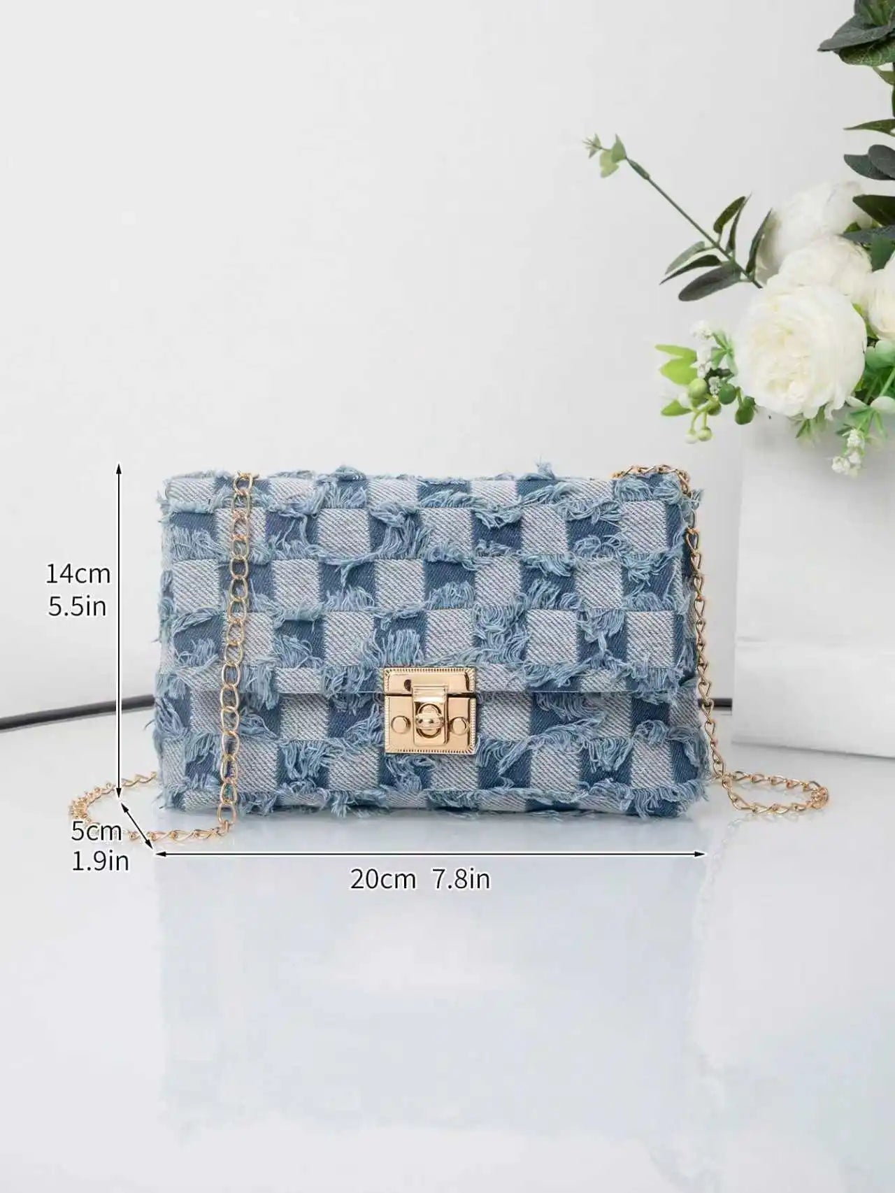 Women Denim Shoulder Bag Casual Versatile Women's Bag City Simple Style Medium Square Bag Grid Chain Lock Buckle PU Lining