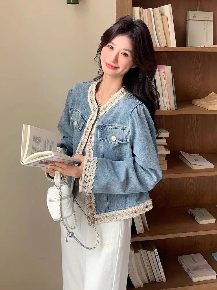 Denim Coat 2025 Spring/autumn Short Design Lace Women's Cardigan