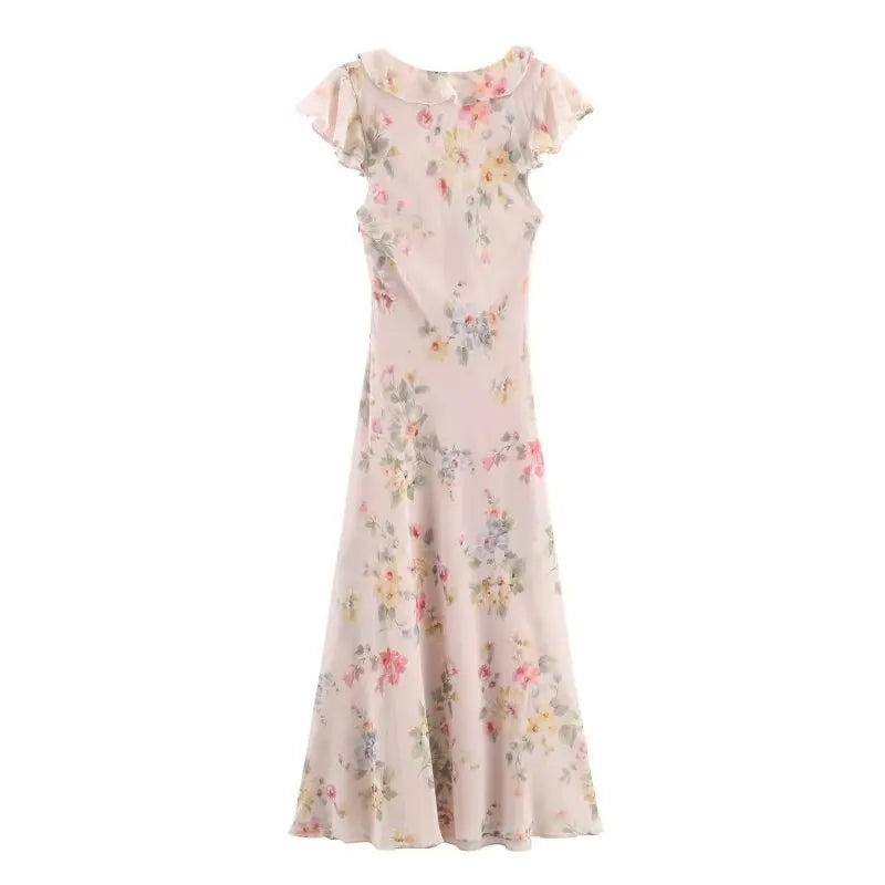 Elegant French Style Floral Maxi Dress for Women Deep V Neck Ruffle Sleeve Long Dress Summer Casual Vacation Outfit