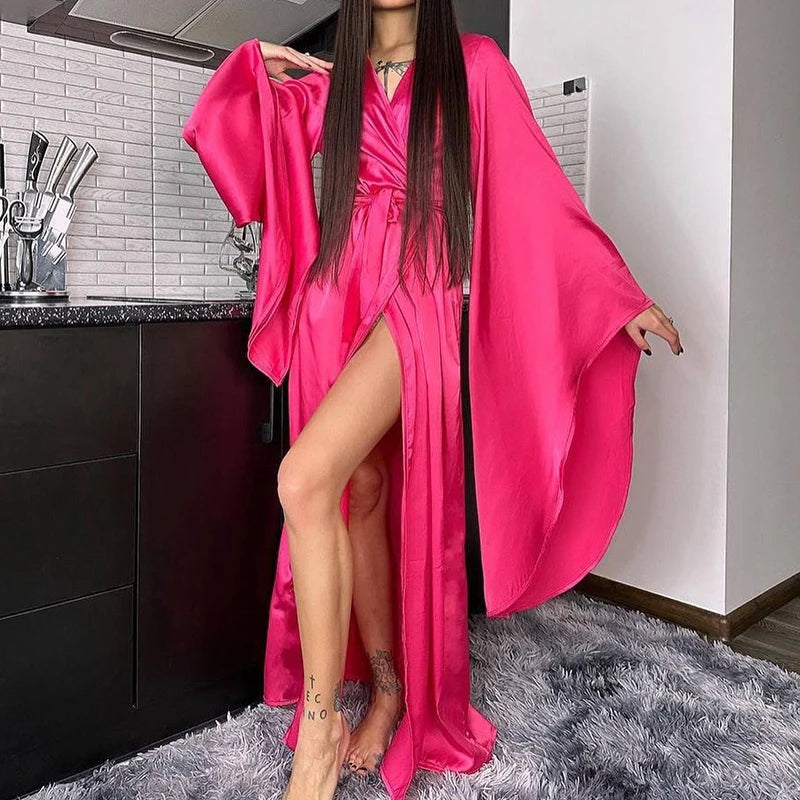 Sexy High Waisted Split Party Dresses Casual Multi-color Lace Up Women's Dress New Spring Summer Satin Loose Robe Dress Vestidos