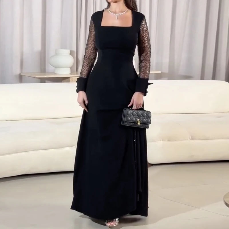 Evening Prom Maxi Dresses for Women Summer Autumn 2025 Square-neck See-through Long Sleeve Banquet Cocktail Party Ladies Dress