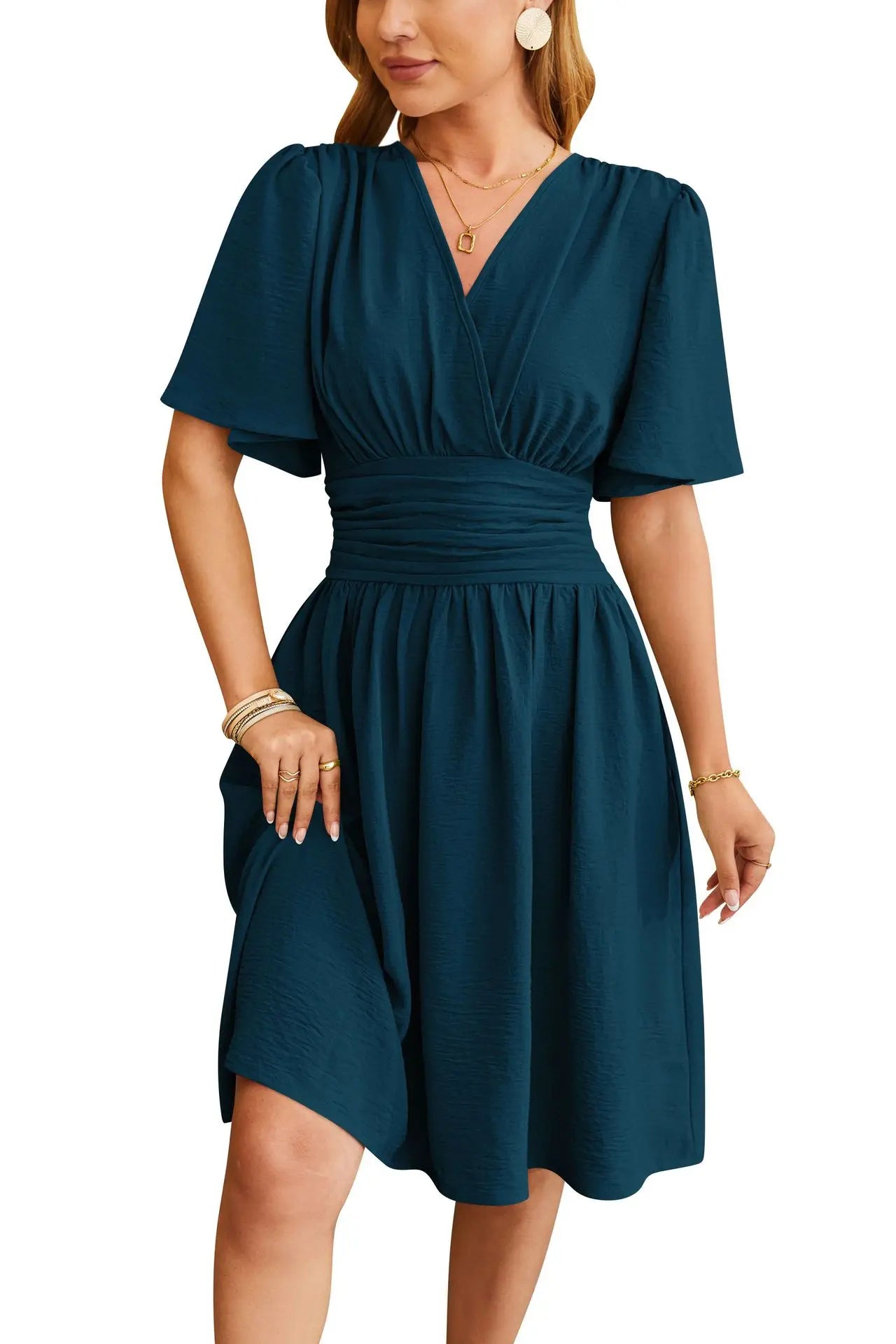 Dresses 2025 Woman Summer New Arrival V-Neck Ruffled Sleeve Solid Color Dress Woman Clothing Tops Skirts Y2k Clothes
