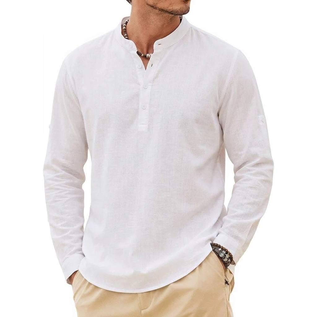 Fashion Mens Linen Shirts Luxury Henley Casual T-Shirts Long Sleeve Cotton T-Shirts Beach Hawaiian Summer Shirt for Men Gym Man