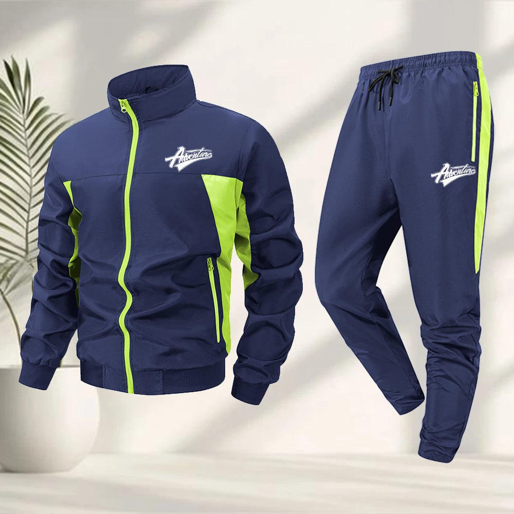 Men's Fashionable Word Print Sportswear Set Stand Collar Jacket And Sweatpants 2 Piece Set Casual Outdoor Fitness Hiking Apparel