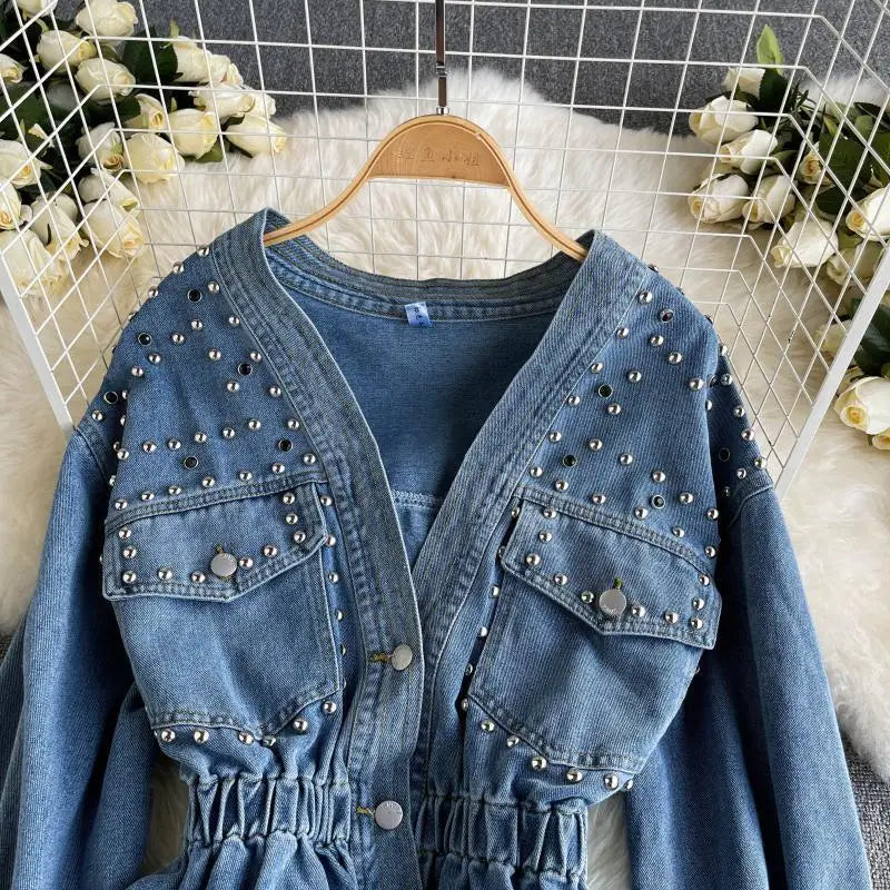 Design Inspired Denim Jacket For women 2025 Spring Autumn New Heavy Industry diamond Studded Nail bead Slimming Long sleeved Top