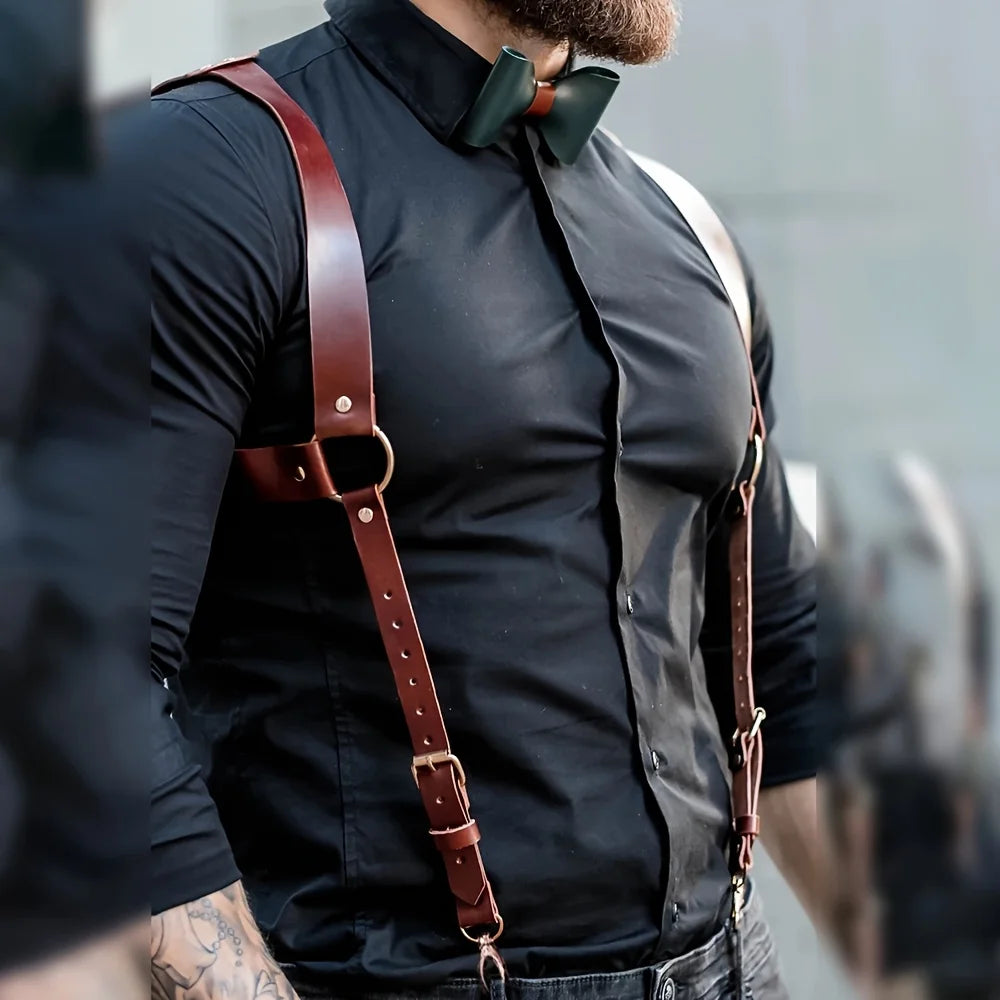 Fashion Men's Suspenders, PU Leather Texture, Gothic Style Body Shaping, Easy to Pair with Jeans, Daily Essential