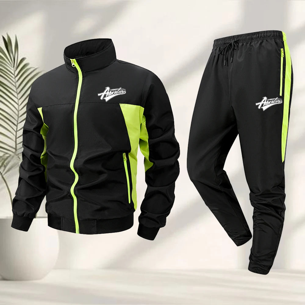 Men's Fashionable Word Print Sportswear Set Stand Collar Jacket And Sweatpants 2 Piece Set Casual Outdoor Fitness Hiking Apparel