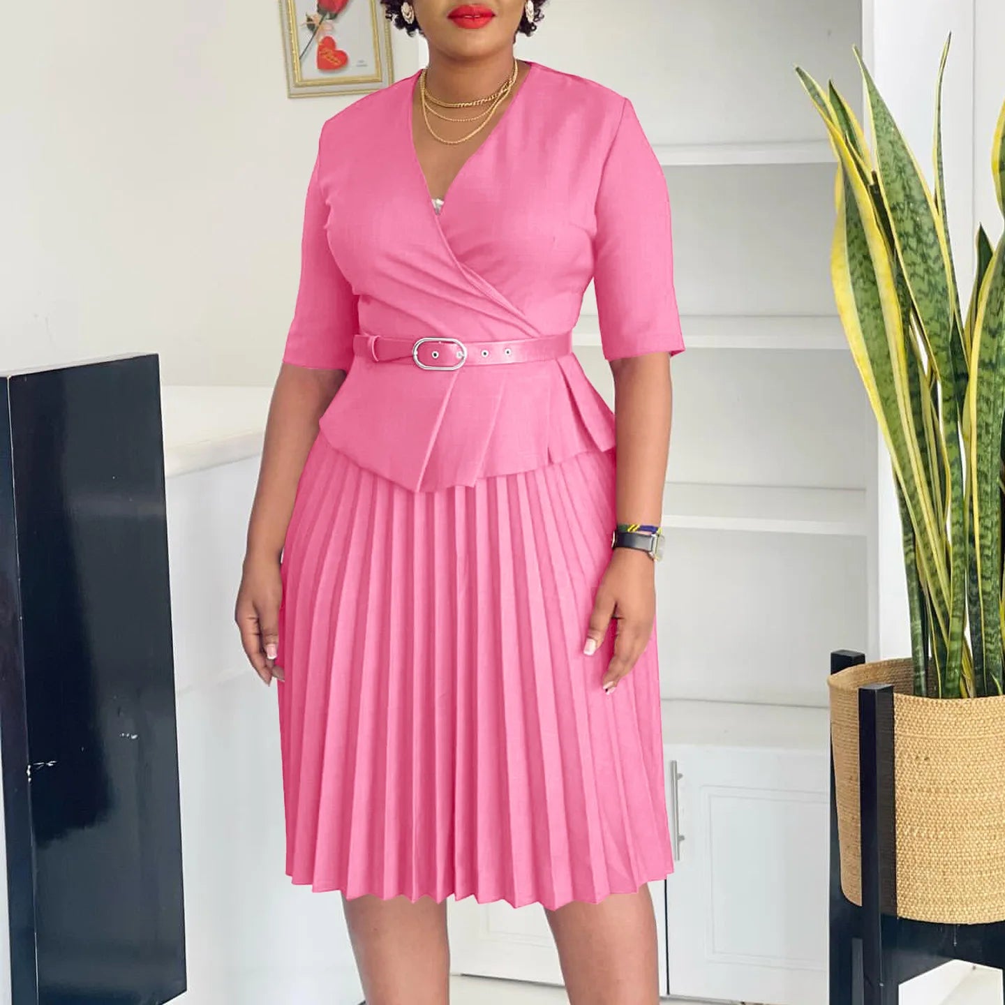 Elegant Church Dresses for Women V Neck Peplum Pleated Waist Belt Female Half Sleeves Classy Modest African Summer Fashion Gowns