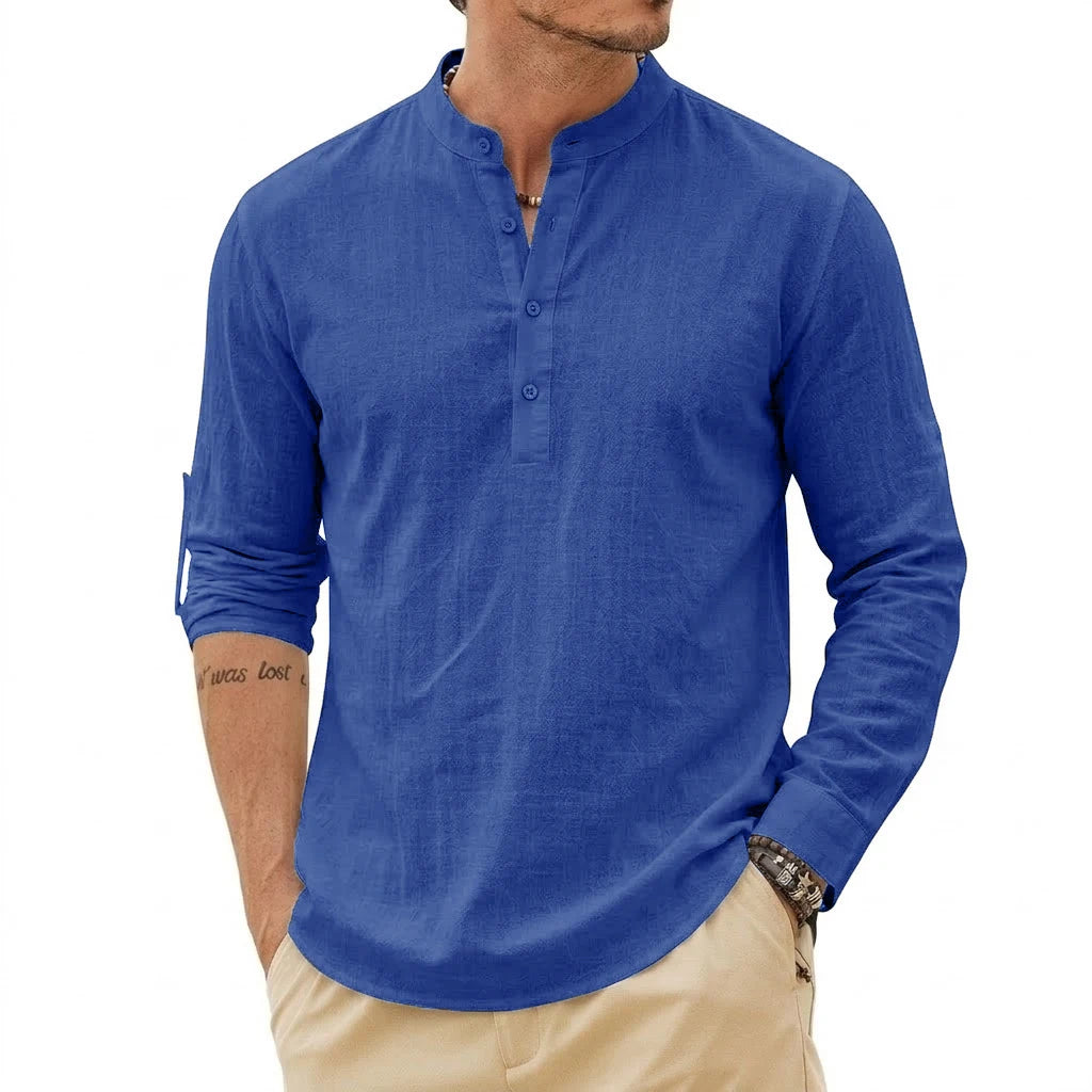 Fashion Mens Linen Shirts Luxury Henley Casual T-Shirts Long Sleeve Cotton T-Shirts Beach Hawaiian Summer Shirt for Men Gym Man