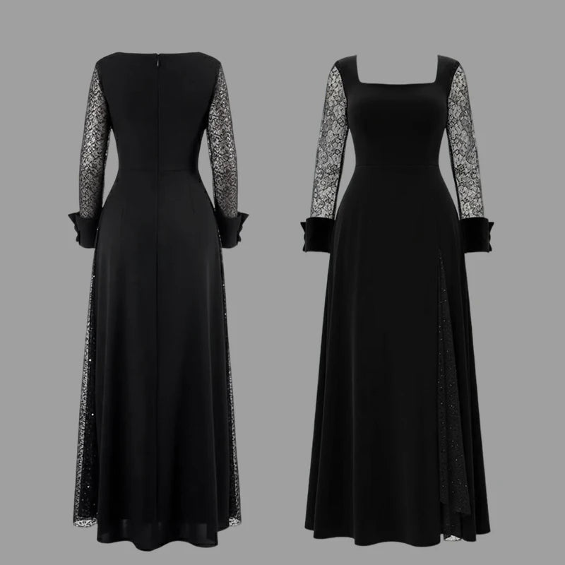 Evening Prom Maxi Dresses for Women Summer Autumn 2025 Square-neck See-through Long Sleeve Banquet Cocktail Party Ladies Dress