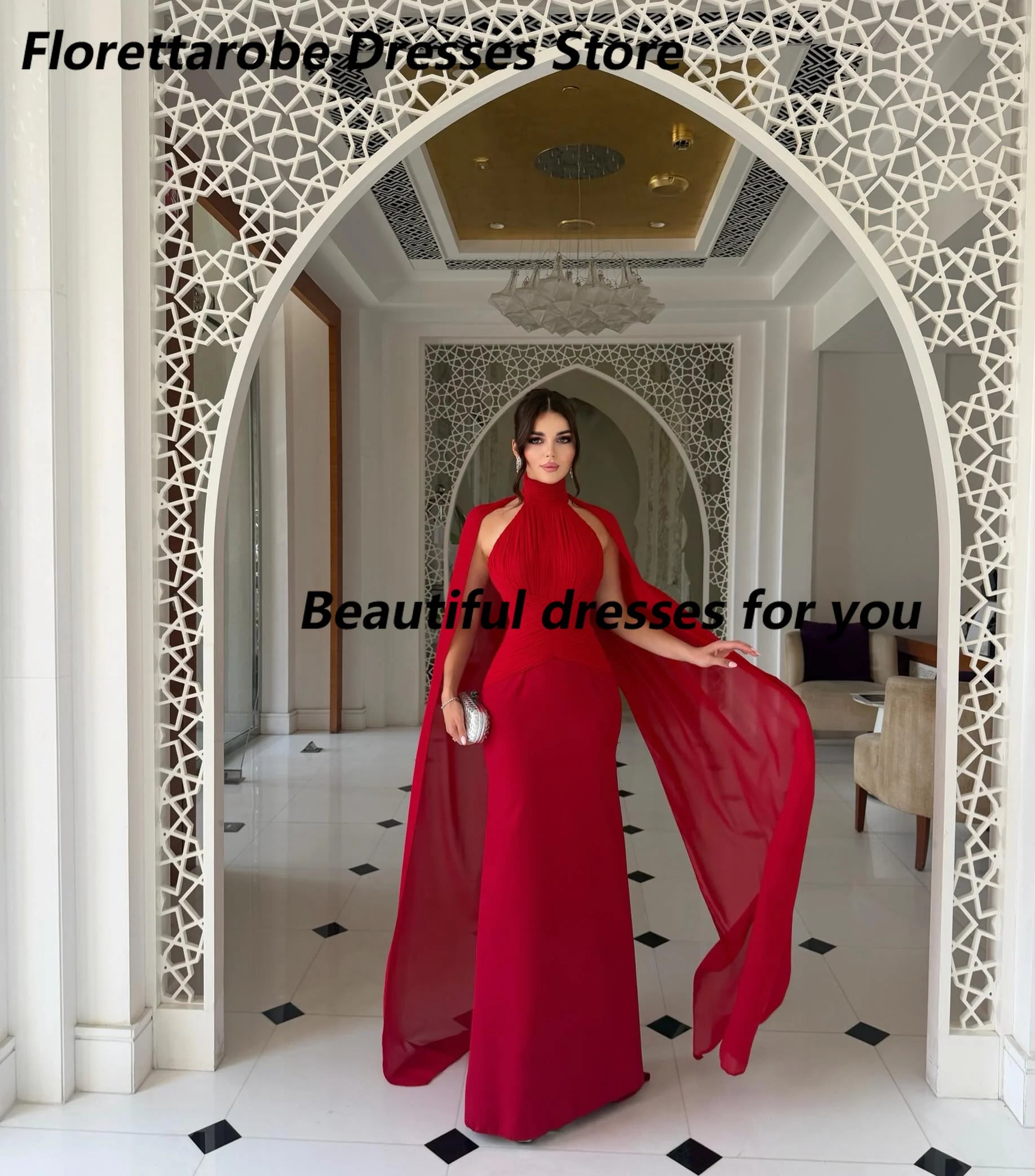 Elegant Red Evening Dress Customized Cloak High Neck A Line Floor Length Prom Gown Women Formal Party Dresses for Wedding