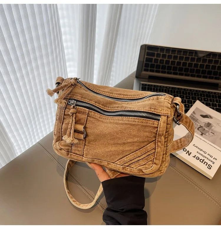 Retro washed denim crossbody bag, simple artistic and casual, multi pocket single shoulder small square bag