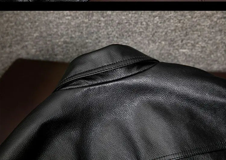 Europe and America Fashion Men Solid Color Simple Basic Casual Trendy Turn-down Collar Long Sleeve Faux Leather Coats Male Tops