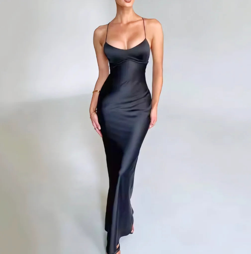 Sexy halter satin dress, a new autumn fashion backless strappy cinched-waist long dress