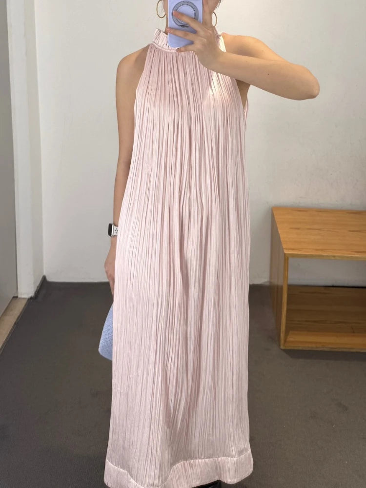 Women’s Crinkle Halter Maxi Dress Summer Loose Flowy Casual Daily & Vacation Dress Solid Color Simply Style