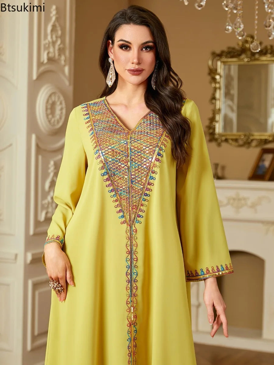 Muslim Elegant Dresses Women's Embroidery Long Sleeve Evening Dress Abayas Morocco Sequins V-neck Kaftan Eid Ramadan Party Robe