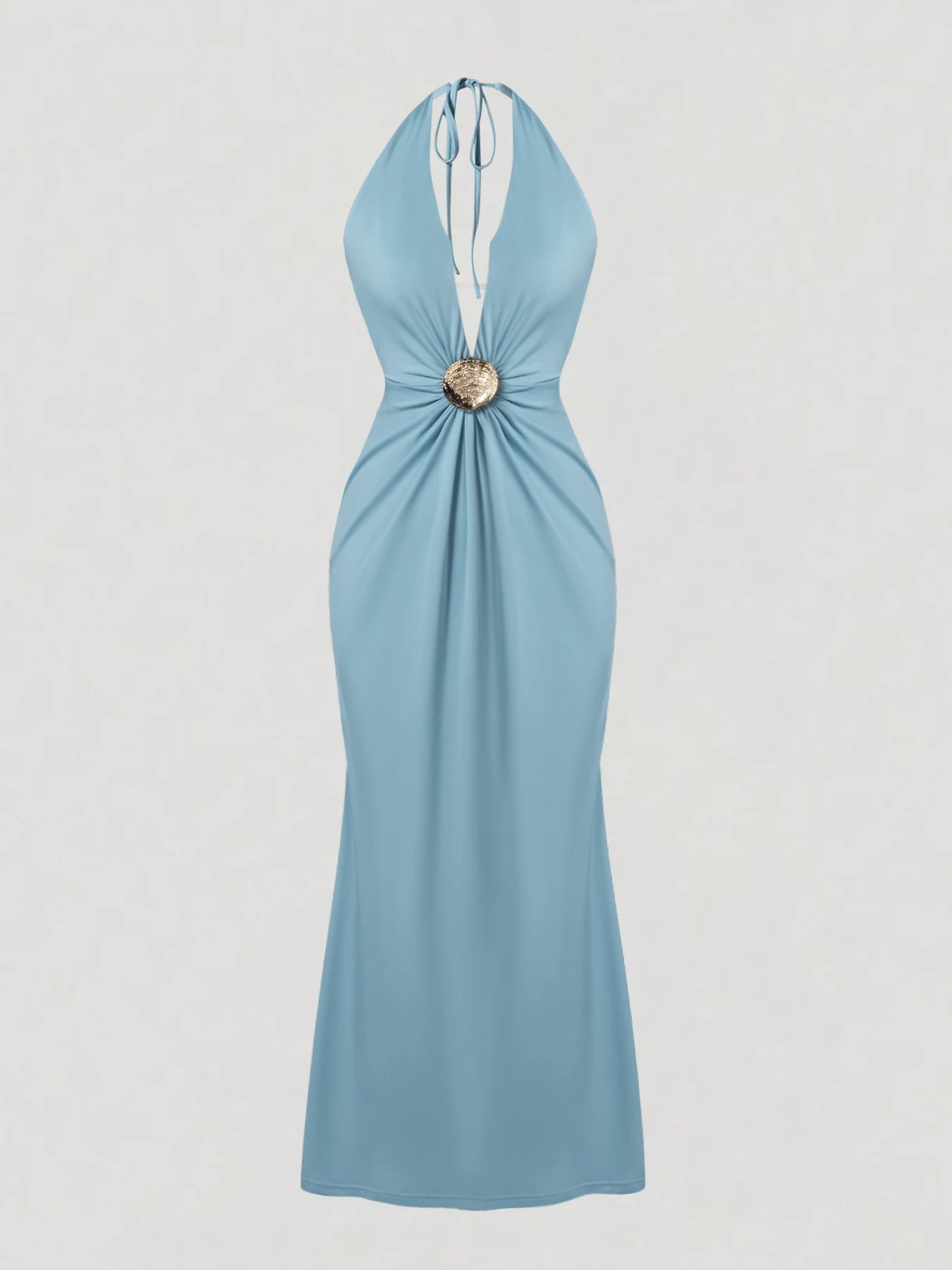 Maxi Dress Spring Summer Women Light Blue Halter Neck Twist Front Sexy Elegant Party Date Evening Club Dress
