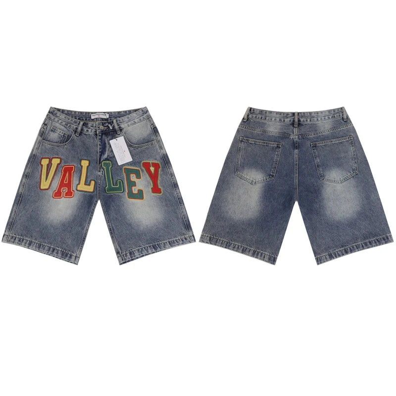 Fashionable High Street Summer Men's Women's Colorful Embroidery Printed High-quality Vale Denim Shorts