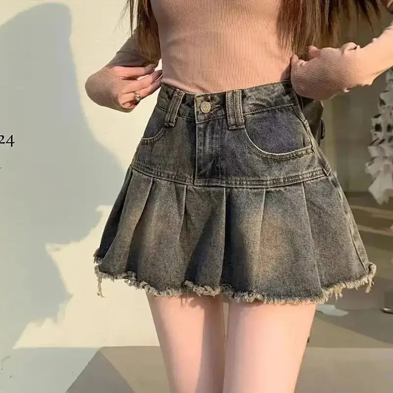 Vintage Fringe Design Slimming High-Waisted Denim Skirt Women's Faion Spring Collection 00% Other Material