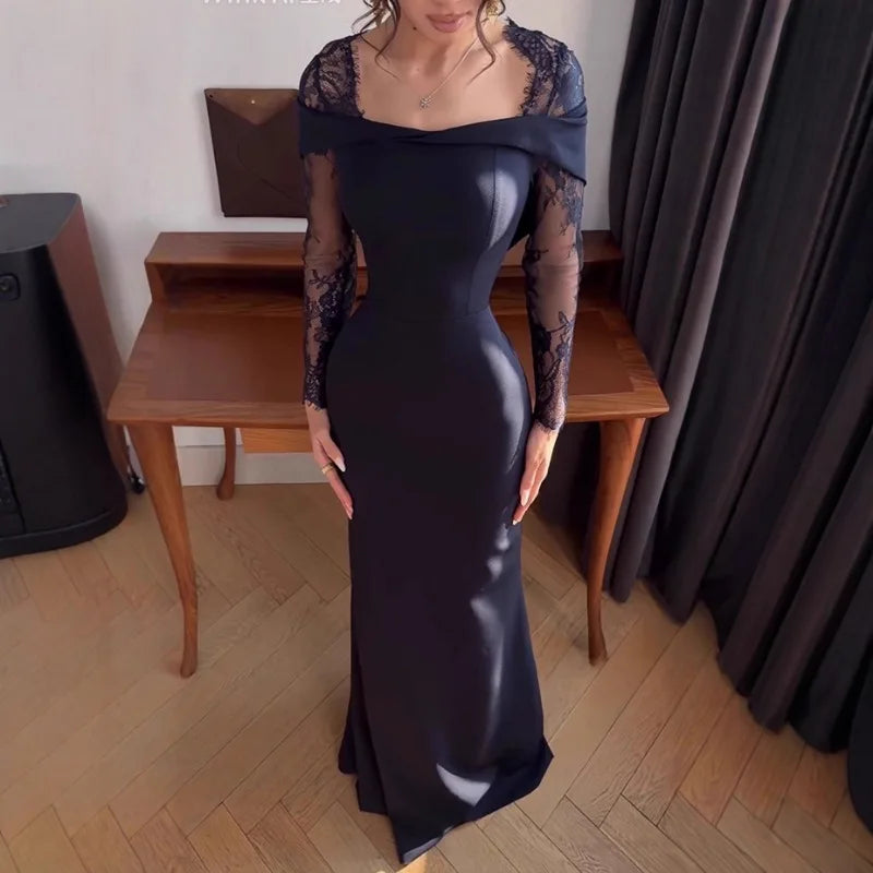 Elegant Off Shoulder Maxi Dress For Women Luxury Lace Spliced Long Robes Slim Waist Party Vestidos 2026 New Lady Evening Gowns