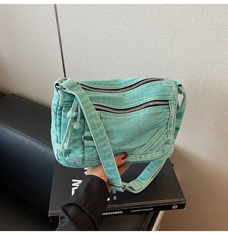 Retro washed denim crossbody bag, simple artistic and casual, multi pocket single shoulder small square bag