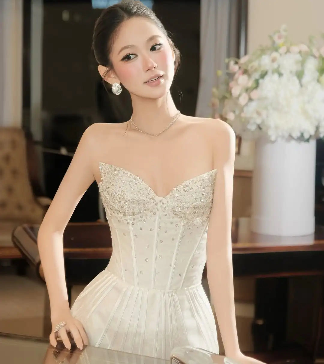 Elegant Evening Dress for Women Party Cocktail Gown Red Carpet Wedding Guest Dress Crystal Embellished Strapless A-Line Mini Dre