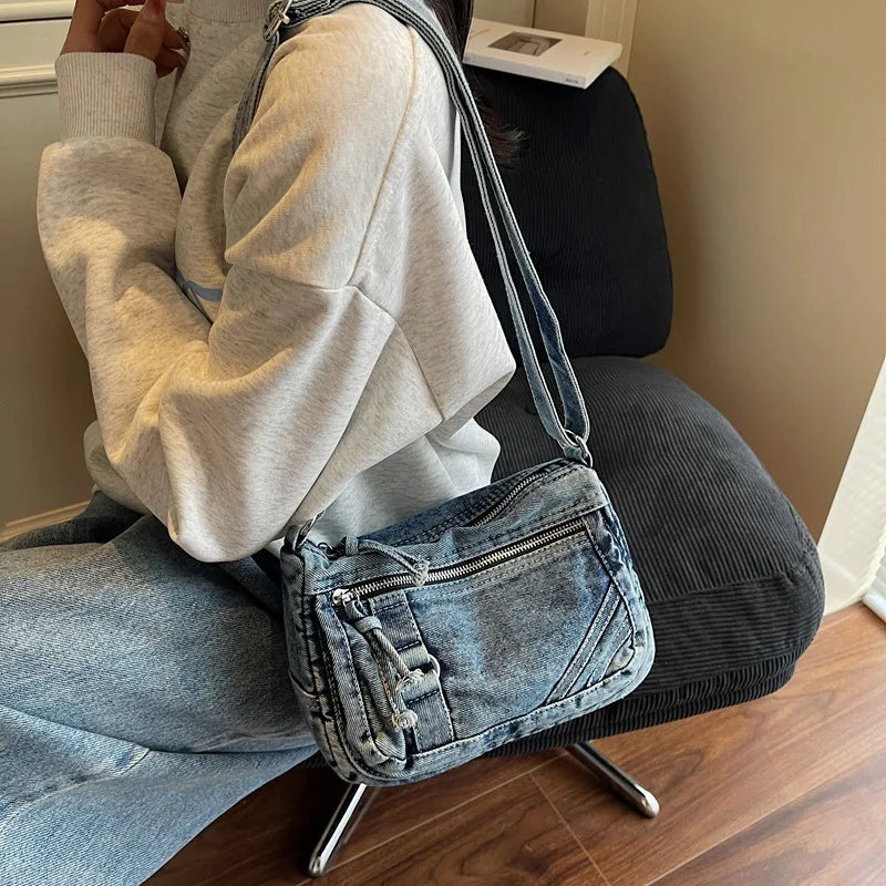 Retro washed denim crossbody bag, simple artistic and casual, multi pocket single shoulder small square bag