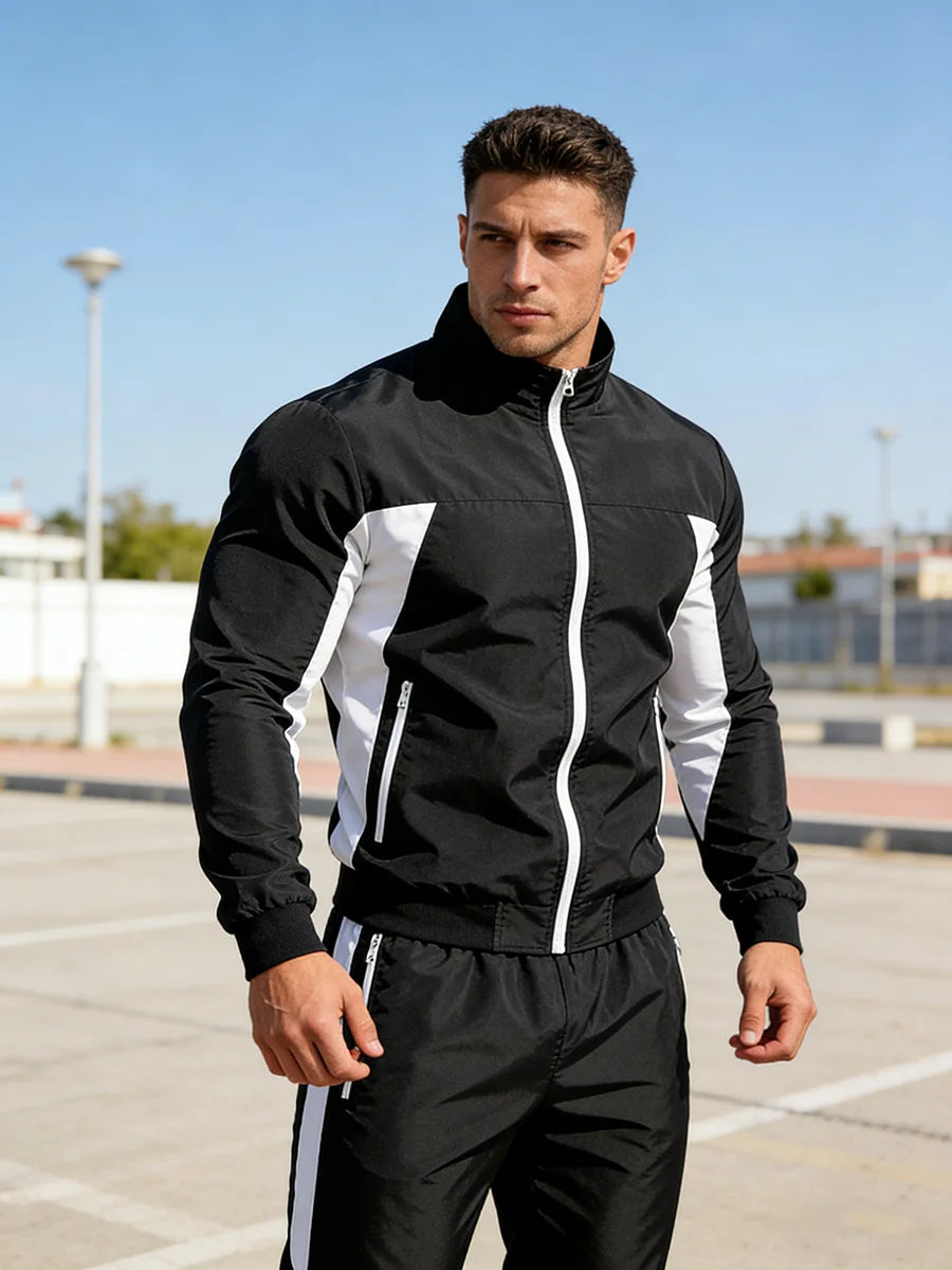 Men's Fashionable Word Print Sportswear Set Stand Collar Jacket And Sweatpants 2 Piece Set Casual Outdoor Fitness Hiking Apparel
