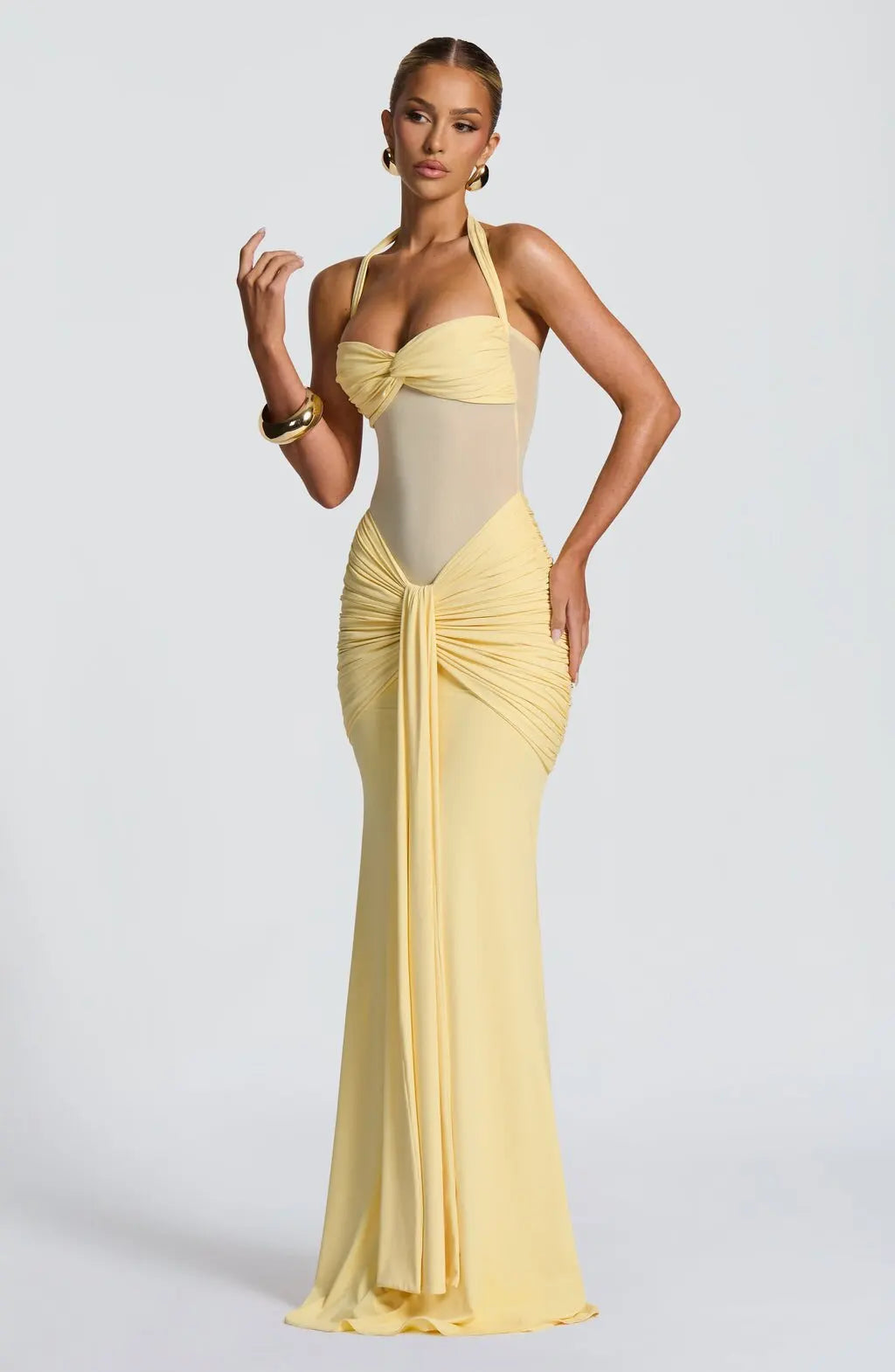 Elegant Banquet Dress For Women Fashion And Sexy Slim Solid Color V-neck Halter Neck Splicing Mesh Folds Package Hip Dresses