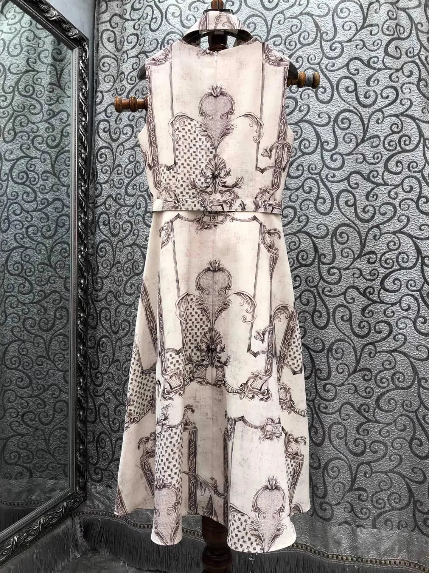 New Arrival Dress 2026 Spring Summer Fashion Lady Detachable Collar Vintage Prints Belt Deco Sleeveless Mid-Calf Dress Vestidos