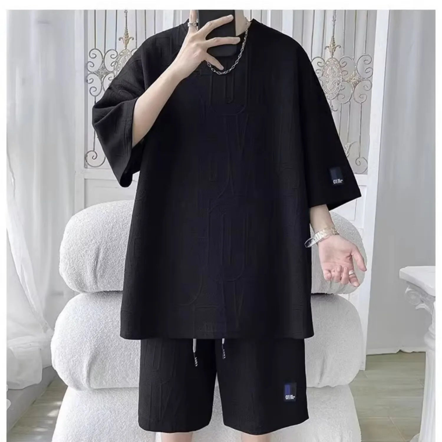 Fashion Suit Male Handsome Set With Loose Casual Sports Jacquard Short-sleeved Shorts Two-piece Set 2025 Spring And Summer