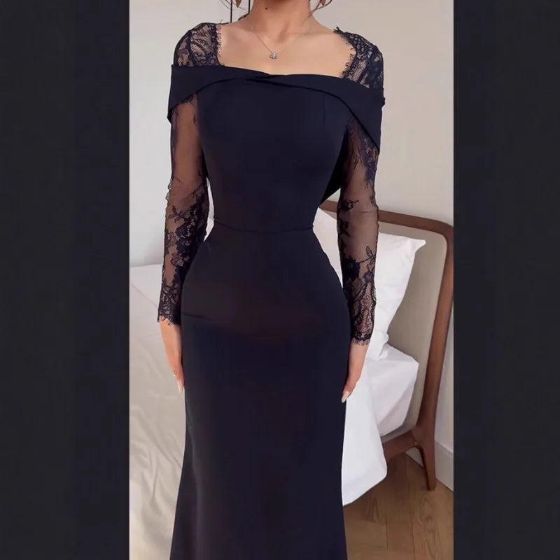 Elegant Off Shoulder Maxi Dress For Women Luxury Lace Spliced Long Robes Slim Waist Party Vestidos 2026 New Lady Evening Gowns
