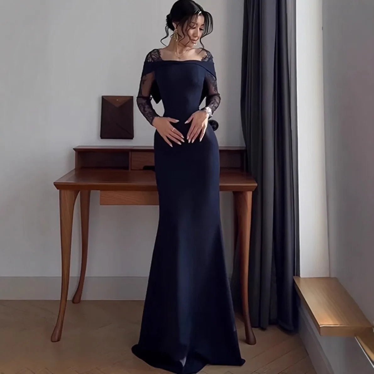 Elegant Off Shoulder Maxi Dress For Women Luxury Lace Spliced Long Robes Slim Waist Party Vestidos 2026 New Lady Evening Gowns