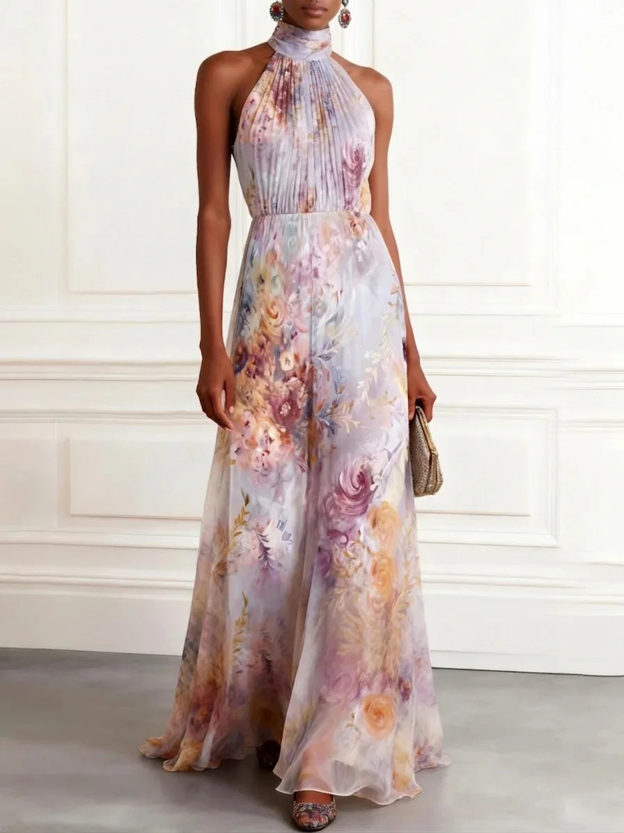 Halter Print Maxi Dress Women Sleeveless Long Dress Spring Summer Flowy Chiffon Evening Dress