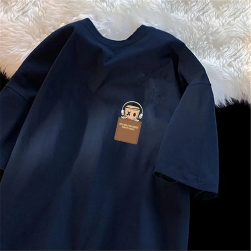 American Style Vintage Fashion Simple Design Print Cotton Men T Shirt Oversized Sports Short Sleeve Round Neck Couple Unisex Top
