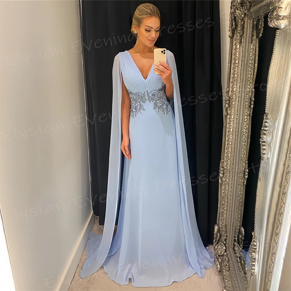 Elegant Women's A Line Evening Dresses Charming Sexy V Neck Chiffon Prom Gowns Appliques Sleeveless Backless Vestido De Noche