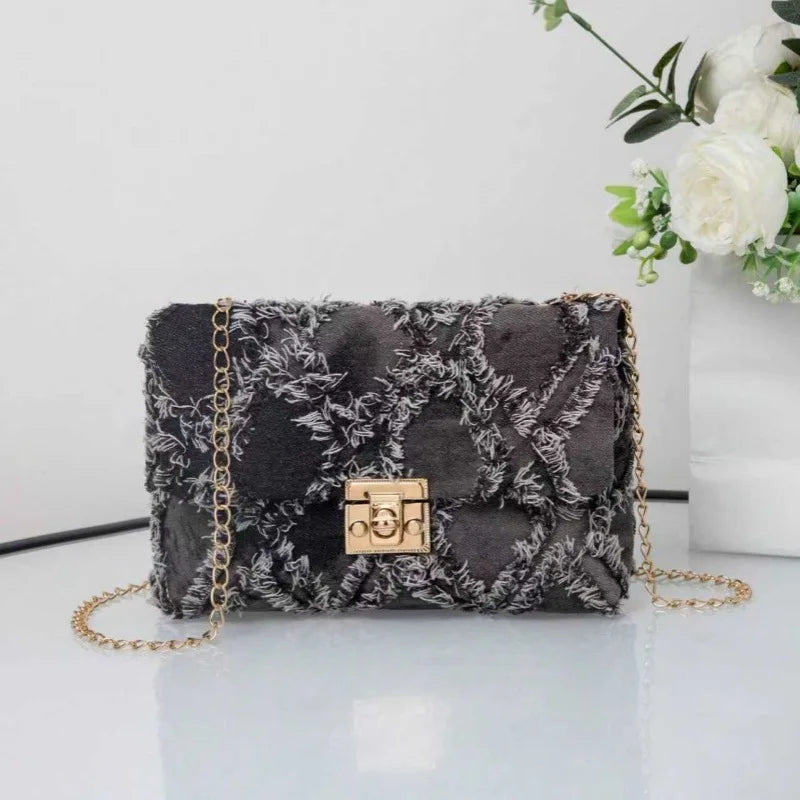 Women Denim Shoulder Bag Casual Versatile Women's Bag City Simple Style Medium Square Bag Grid Chain Lock Buckle PU Lining