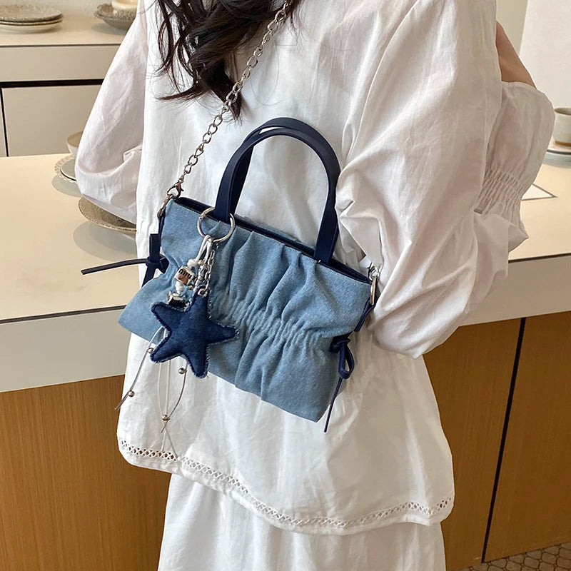 Denim Ruched Mini Tote Bag with Star Charm Women's Retro Shoulder Handbag Cute Crossbody Purse for Streetwear & Daily Use
