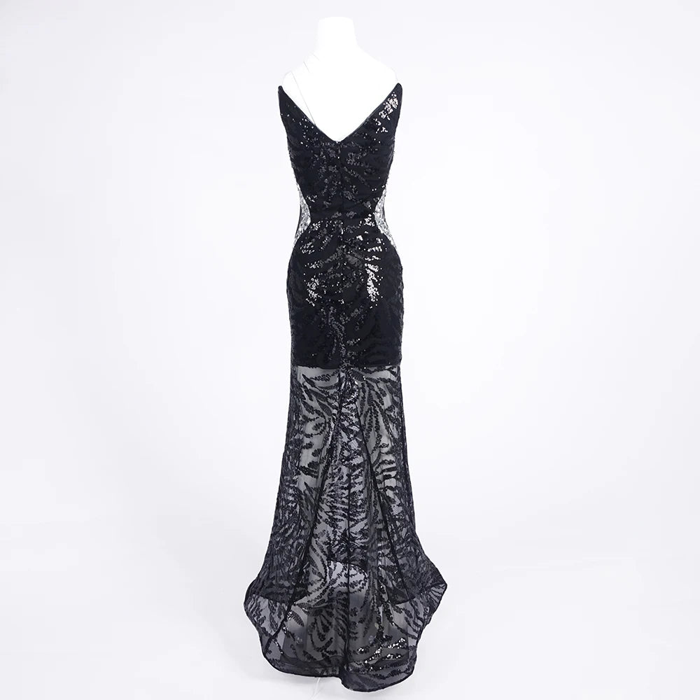 Sexy Deep V Sequin Sheer Evening Dress – Black Sparkle Formal Evening Banquet Gown with Plunging Neckline