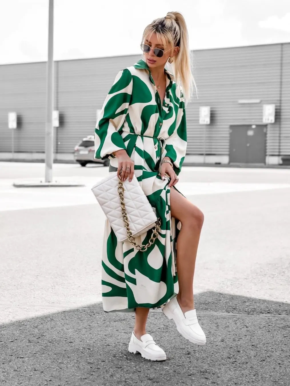 New Arrival Woman Geometric Print Belted Shirt Dress Long Sleeves Button Down Ideal for Casual Chic and Street Style