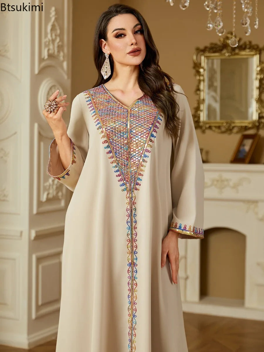 Muslim Elegant Dresses Women's Embroidery Long Sleeve Evening Dress Abayas Morocco Sequins V-neck Kaftan Eid Ramadan Party Robe