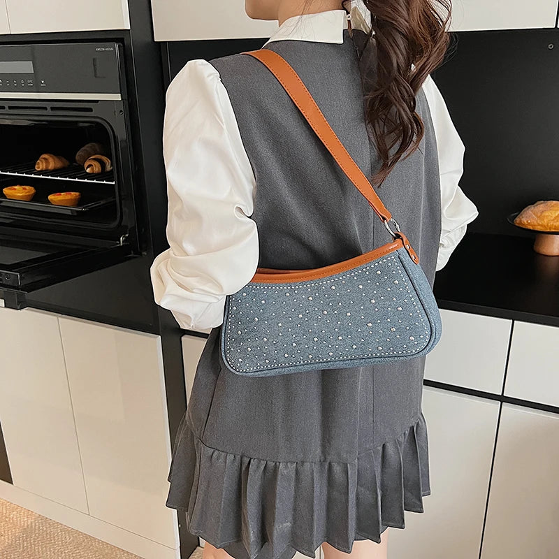 Vintage Denim Underarm Sling Bag Women Studded Diamond Shoulder Bag French Style Armpit Shopper Purse Verastile Crossbody Bag