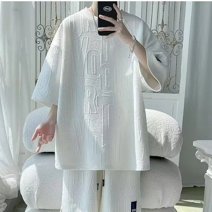Fashion Suit Male Handsome Set With Loose Casual Sports Jacquard Short-sleeved Shorts Two-piece Set 2025 Spring And Summer