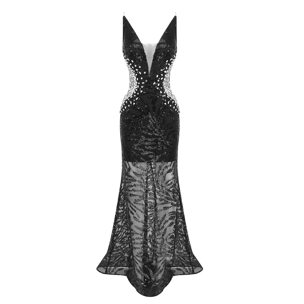 Sexy Deep V Sequin Sheer Evening Dress – Black Sparkle Formal Evening Banquet Gown with Plunging Neckline