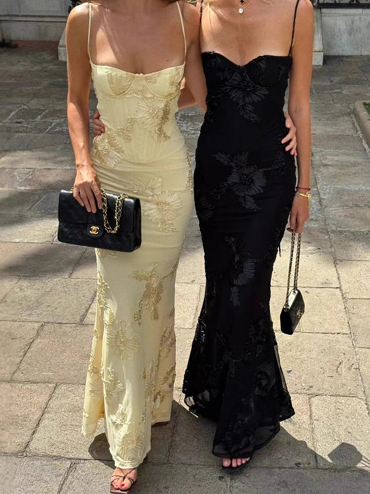 Elegant temperament flower evening dress female high-end banquet wearing sling dress slim French backless solid color dress