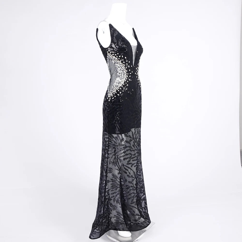 Sexy Deep V Sequin Sheer Evening Dress – Black Sparkle Formal Evening Banquet Gown with Plunging Neckline