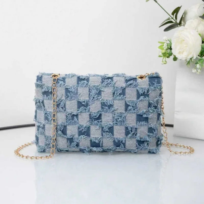 Women Denim Shoulder Bag Casual Versatile Women's Bag City Simple Style Medium Square Bag Grid Chain Lock Buckle PU Lining