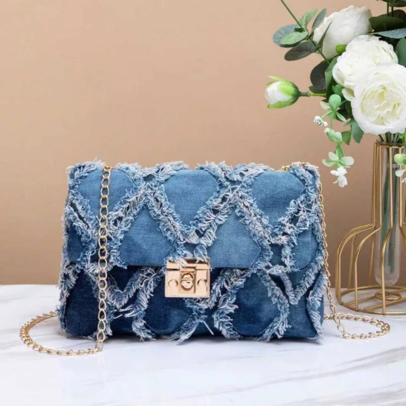Women Denim Shoulder Bag Casual Versatile Women's Bag City Simple Style Medium Square Bag Grid Chain Lock Buckle PU Lining