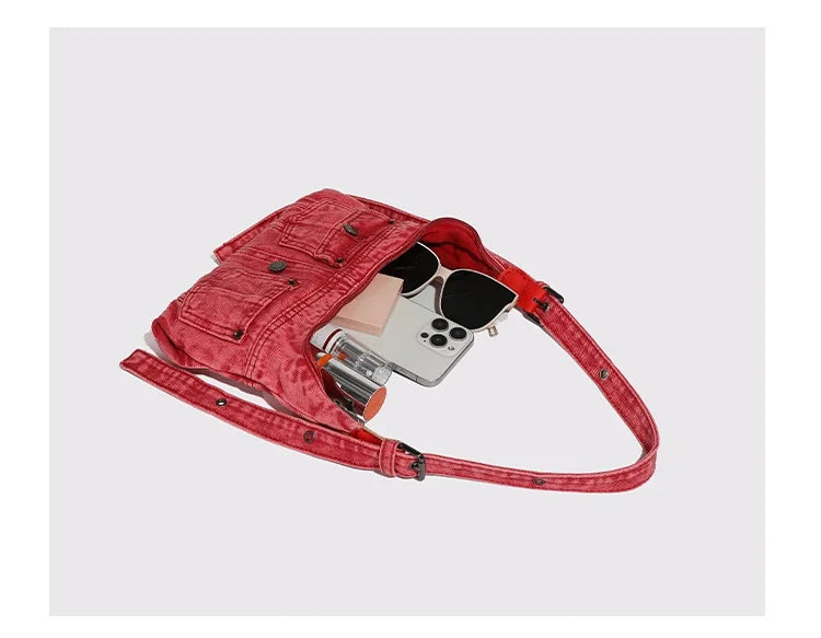 Fashion Denim Women Shoulder Bag small Casual Satchel Cool Girl Totes multi pocket design female Handbag red ladies Armpit bag