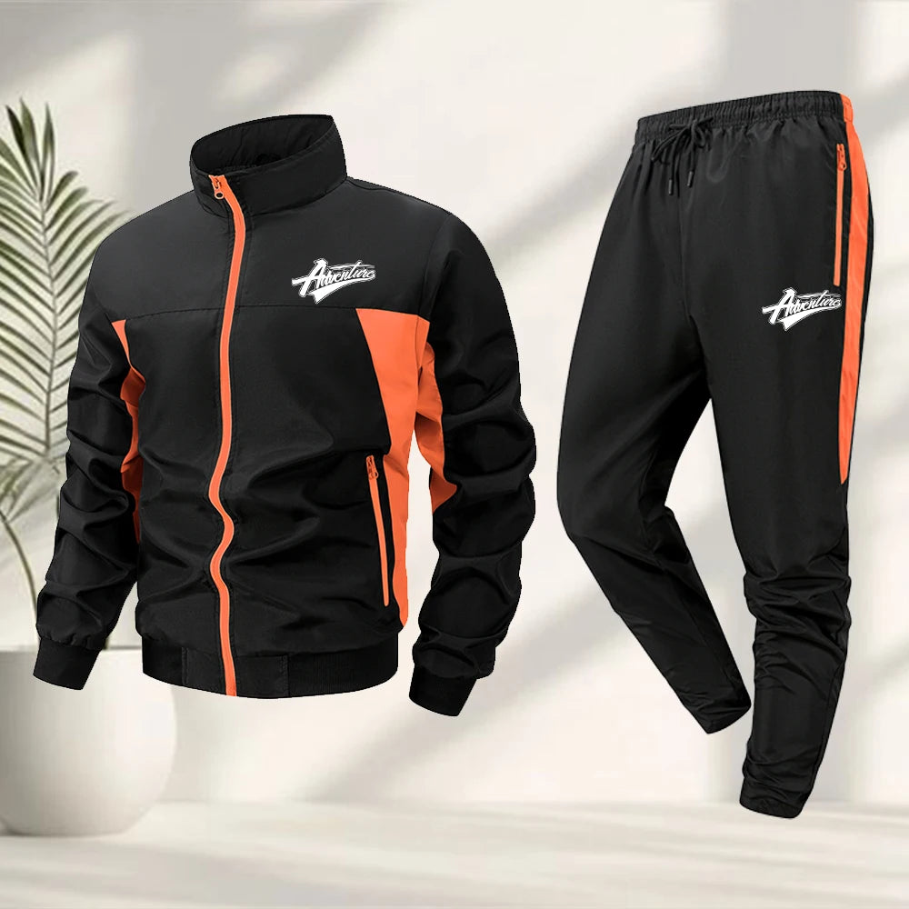 Men's Fashionable Word Print Sportswear Set Stand Collar Jacket And Sweatpants 2 Piece Set Casual Outdoor Fitness Hiking Apparel